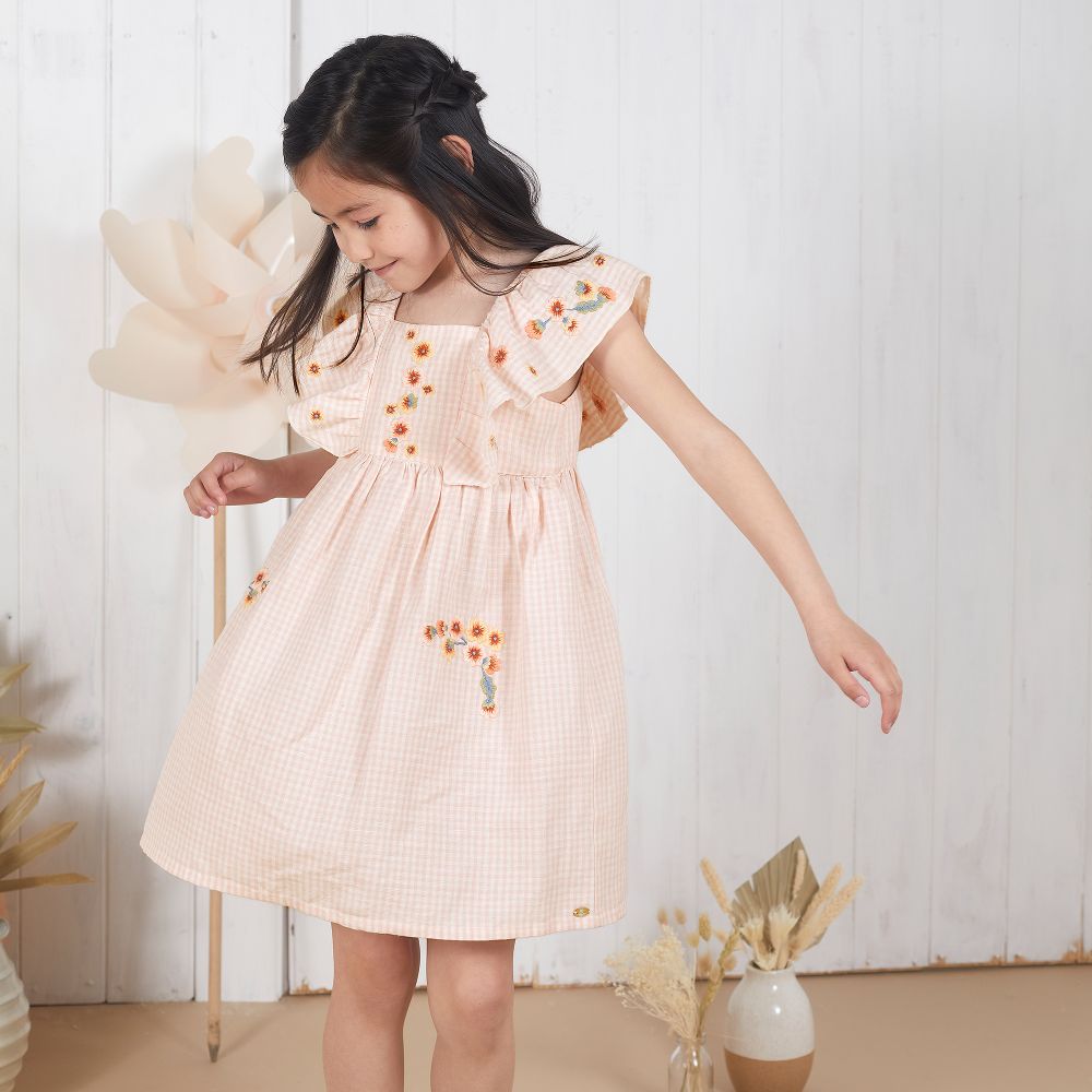Tartine et Chocolat - Girls Pink Linen Gingham Dress | Childrensalon Outlet