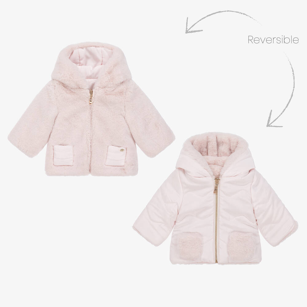 Tartine et Chocolat - Girls Pink Reversible Faux Fur Coat | Childrensalon