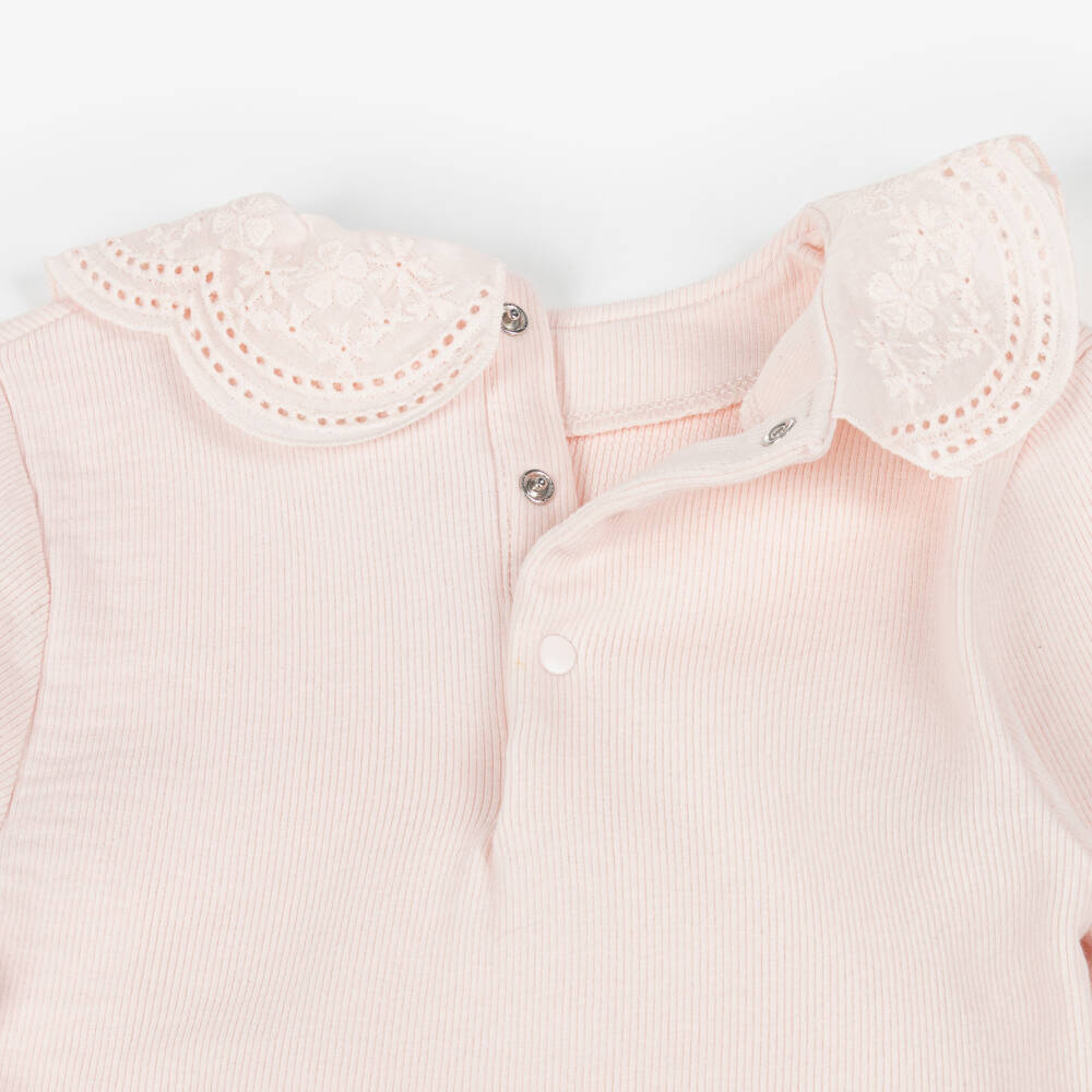 Tartine et Chocolat-Girls Pink Ribbed Cotton Jersey Top with Lace Collar | Childrensalon Outlet