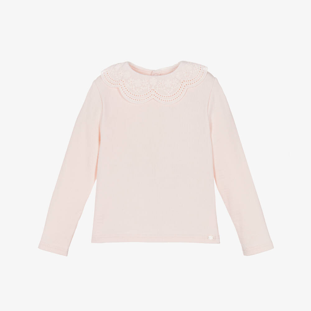 Tartine et Chocolat-Girls Pink Ribbed Cotton Jersey Top with Lace Collar | Childrensalon Outlet