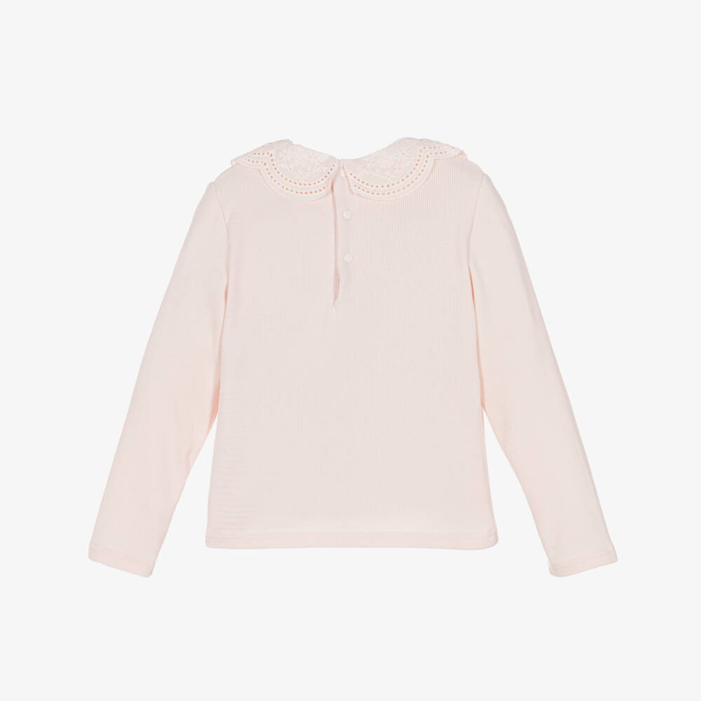 Tartine et Chocolat-Girls Pink Ribbed Cotton Jersey Top with Lace Collar | Childrensalon Outlet