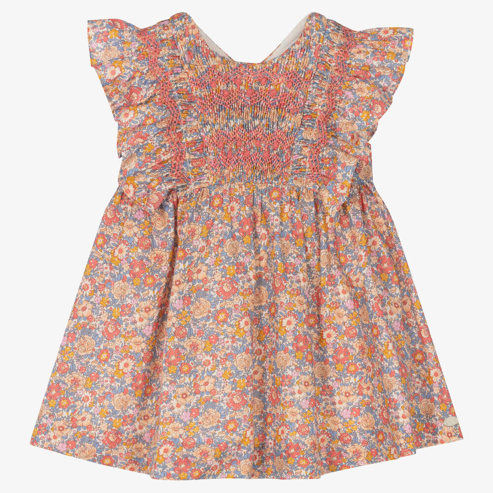 Tartine et Chocolat - Girls Pink Smocked Floral Cotton Dress | Childrensalon