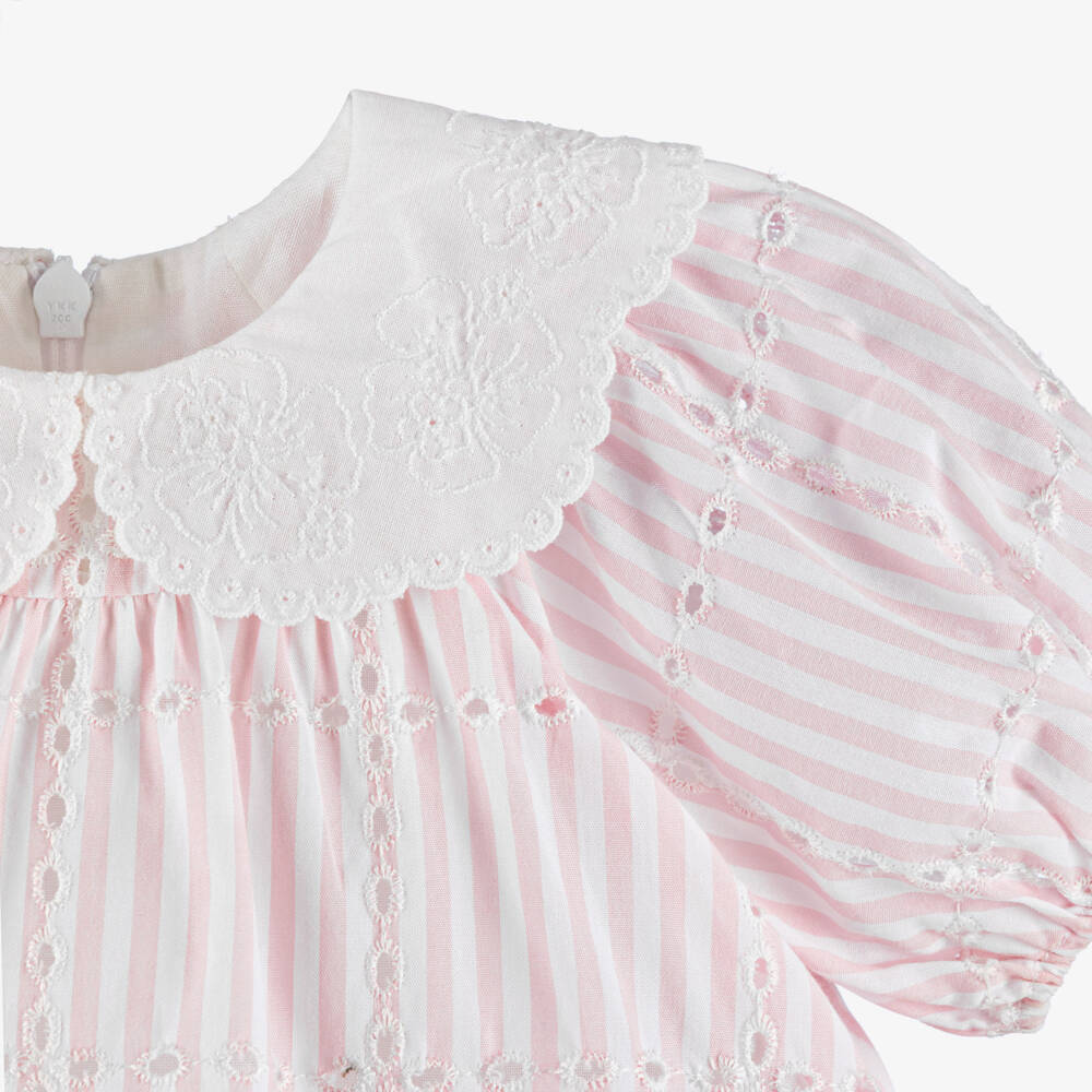 Tartine et Chocolat-Girls Pink Striped Cotton Dress with Embroidered Collar | Childrensalon Outlet