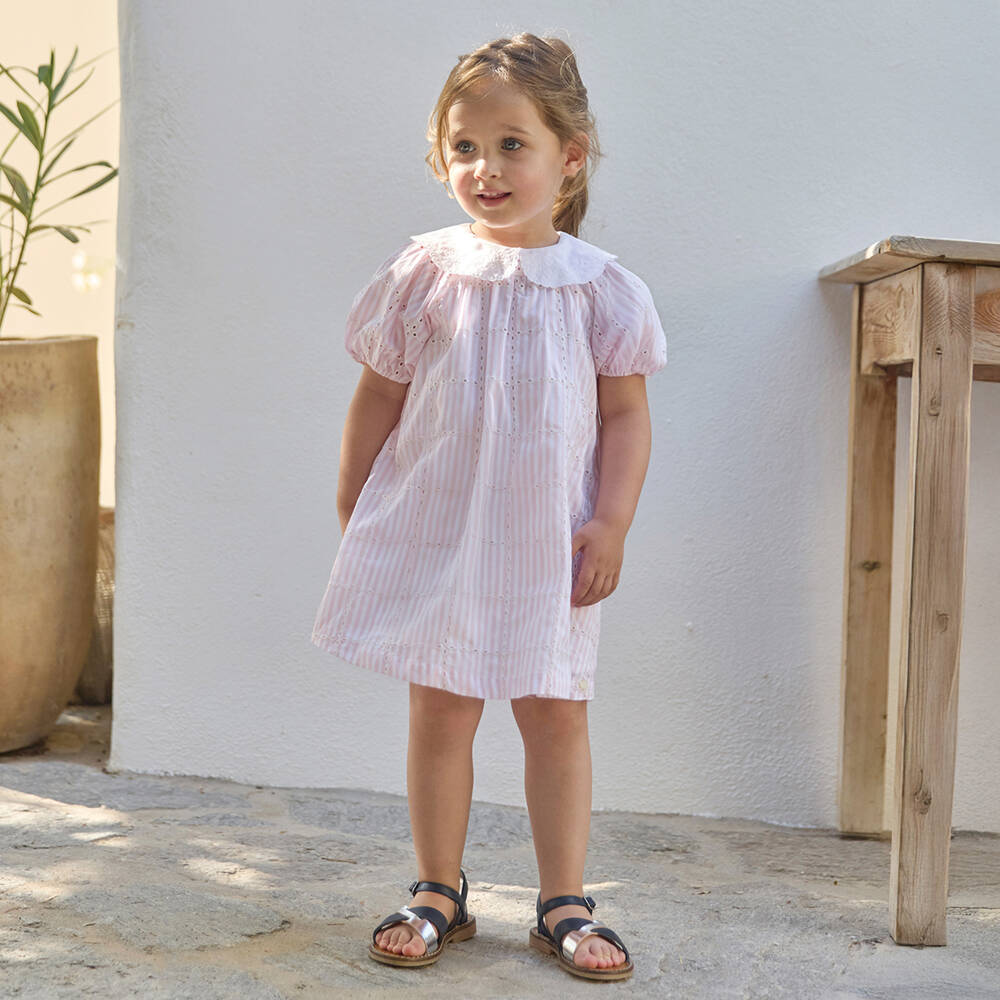 Tartine et Chocolat-Girls Pink Striped Cotton Dress with Embroidered Collar | Childrensalon Outlet