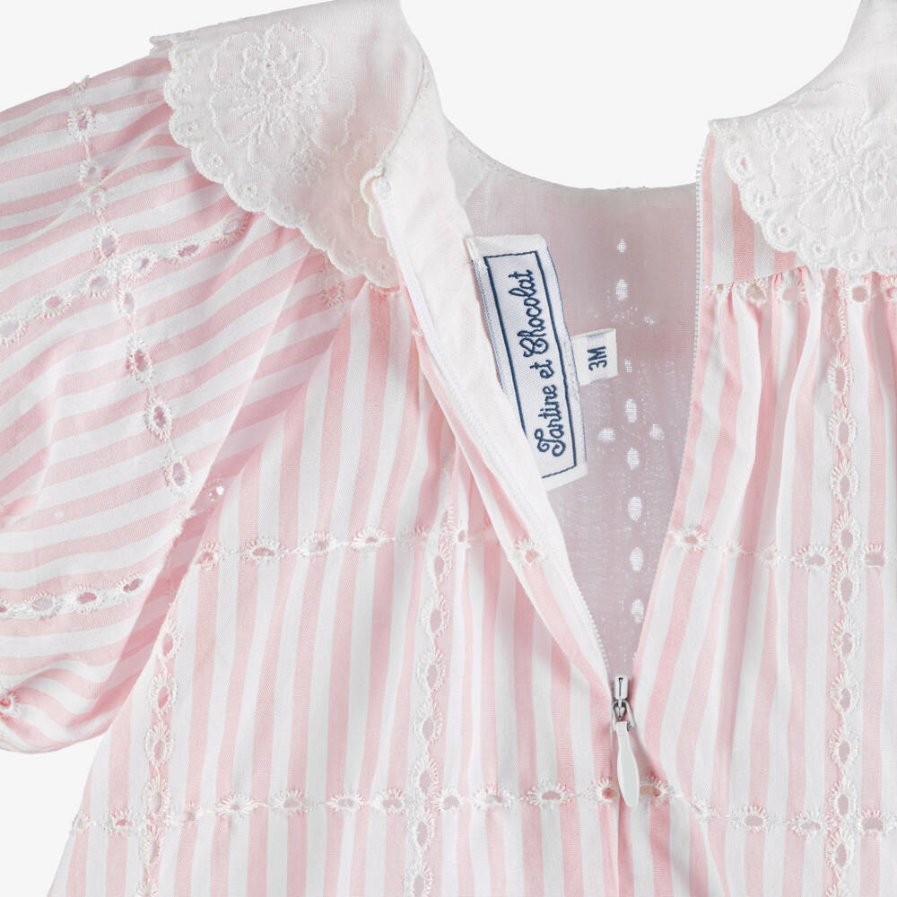 Tartine et Chocolat-Girls Pink Striped Cotton Dress with Embroidered Collar | Childrensalon Outlet