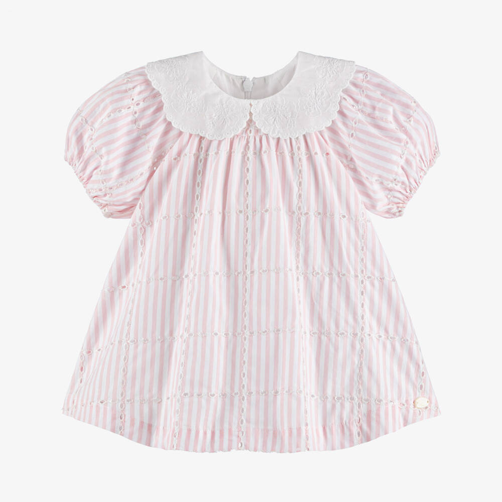 Tartine et Chocolat-Girls Pink Striped Cotton Dress with Embroidered Collar | Childrensalon Outlet
