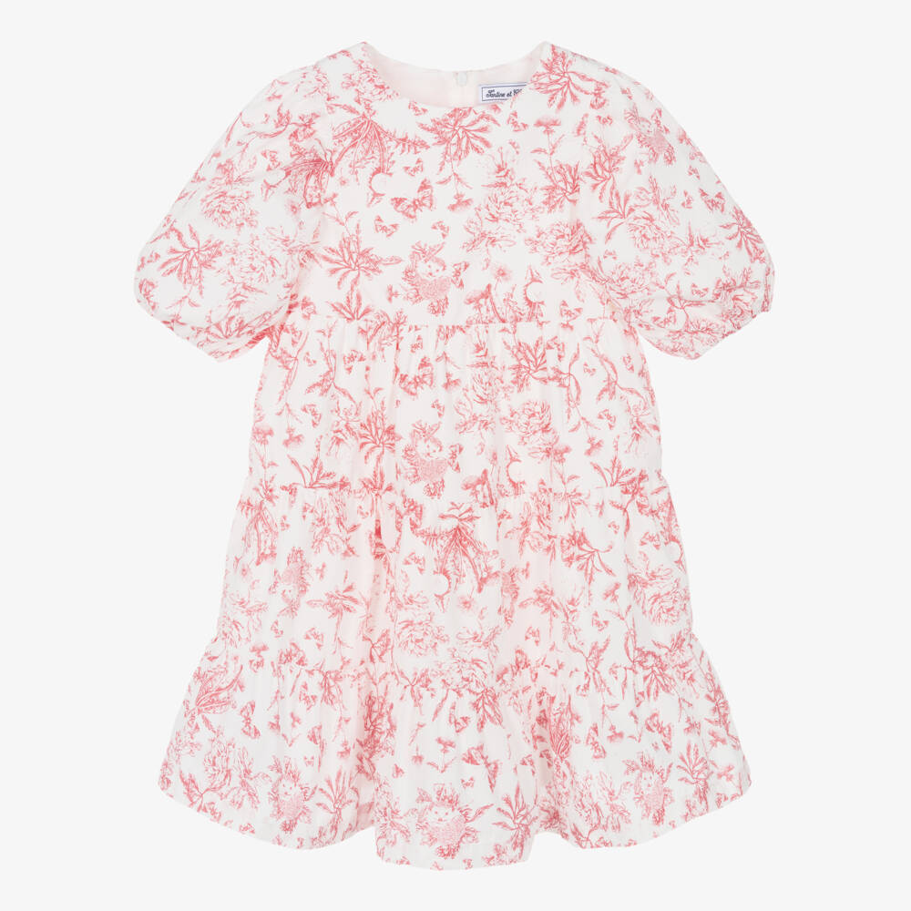 Tartine et Chocolat-فستان وردي بنقشة توال بأكمام منتفخة للبنات | Childrensalon Outlet