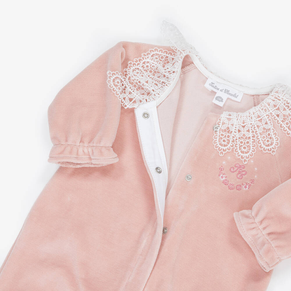 Tartine et Chocolat-Girls Pink Velour Babygrow with White Lace Collar | Childrensalon Outlet