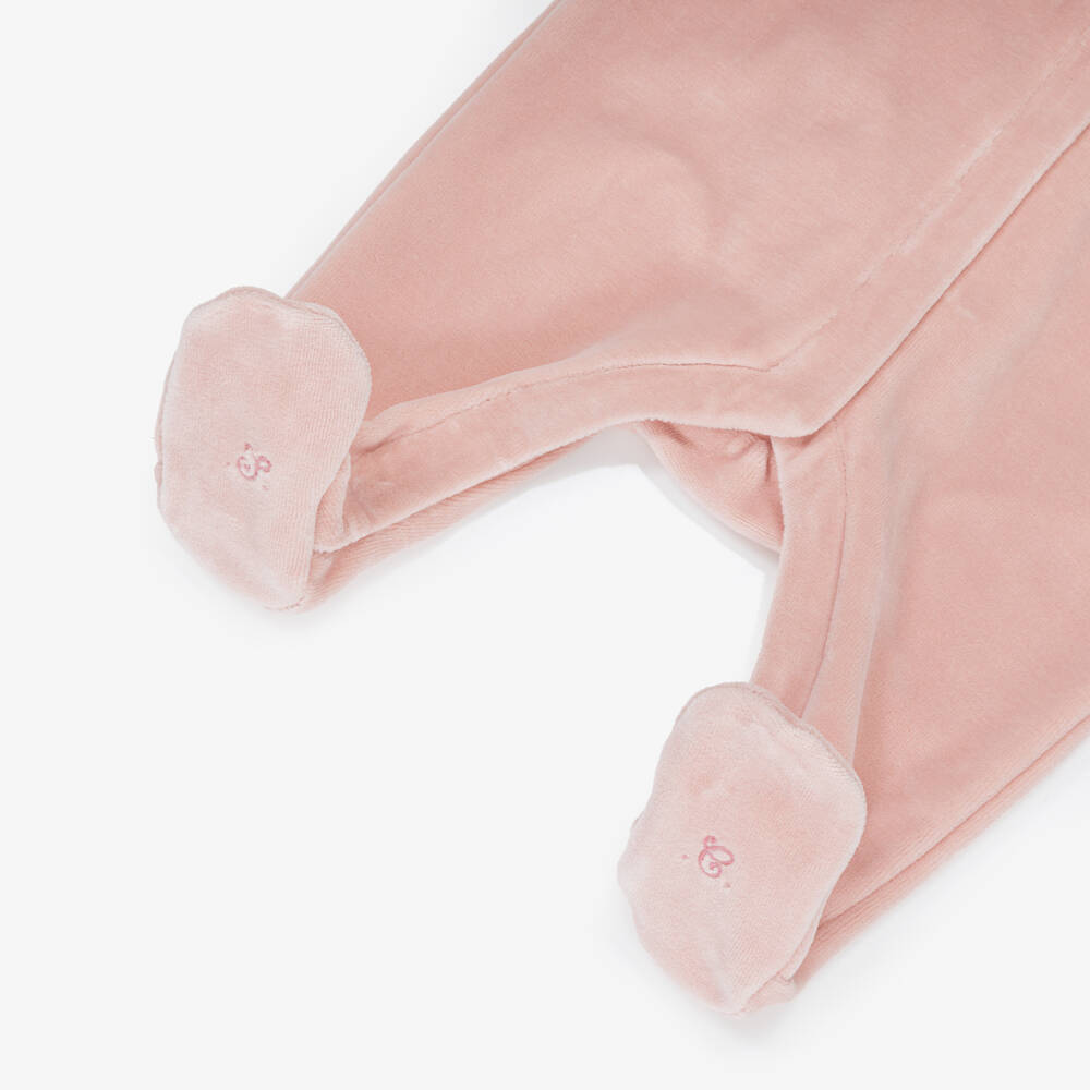 Tartine et Chocolat-Girls Pink Velour Babygrow with White Lace Collar | Childrensalon Outlet