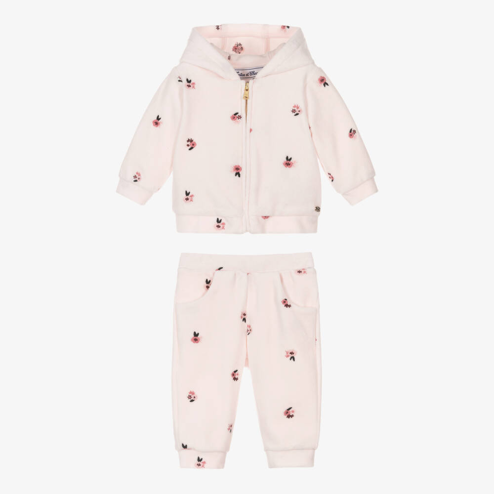 Tartine et Chocolat-Girls Pink Velour Floral Tracksuit | Childrensalon Outlet