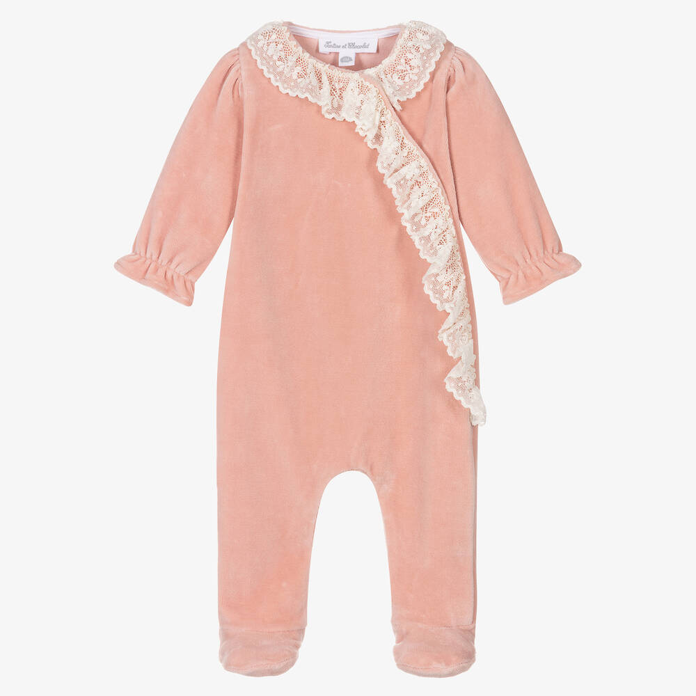 Tartine et Chocolat - Girls Pink Velour & Lace Ruffle Babygrow | Childrensalon