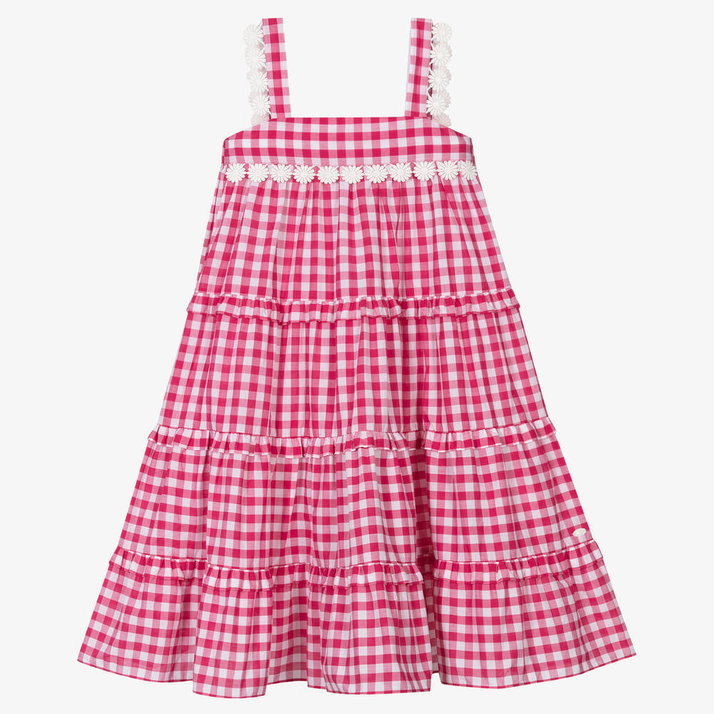 Tartine et Chocolat - Girls Pink & White Gingham Tiered Dress | Childrensalon