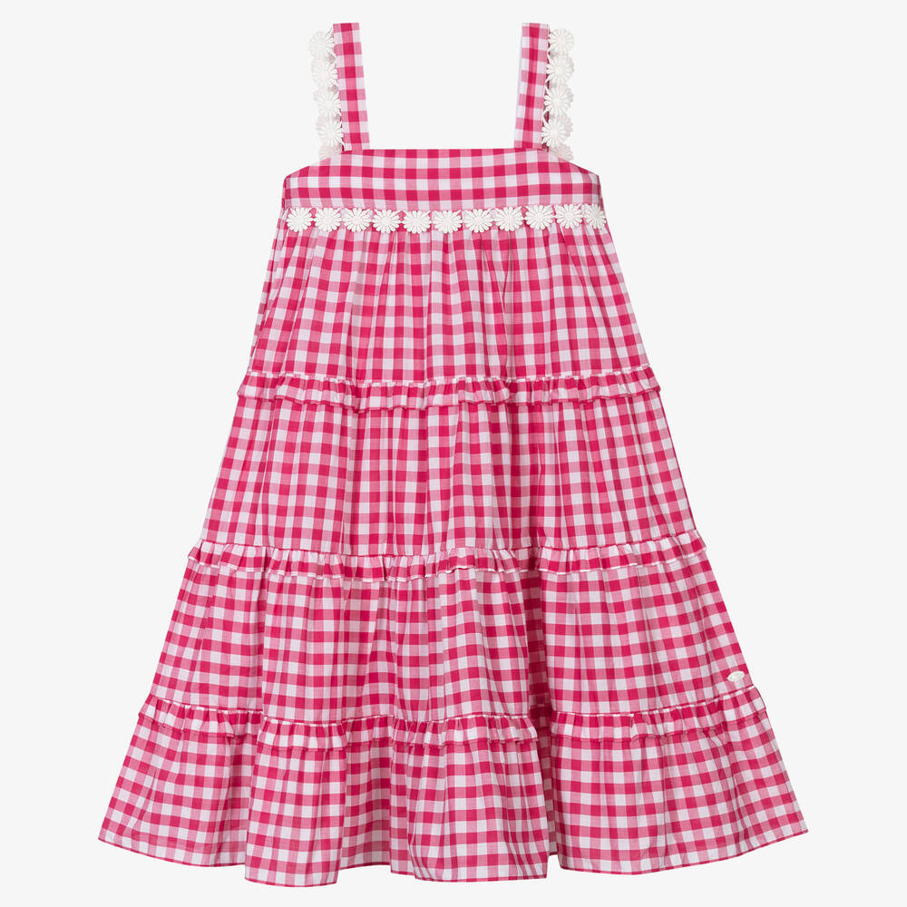 Tartine et Chocolat-Girls Pink & White Gingham Tiered Dress | Childrensalon Outlet