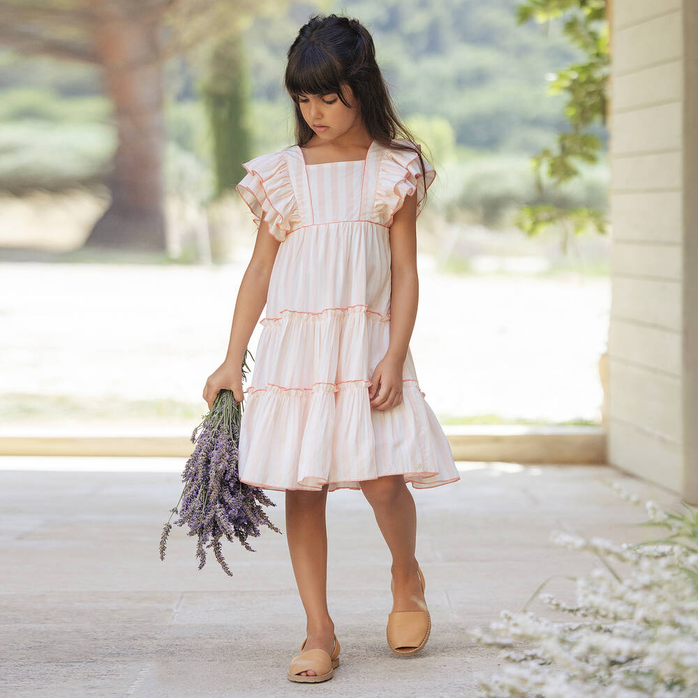 Tartine et Chocolat-Girls Pink & White Stripe Ruffle Dress | Childrensalon Outlet