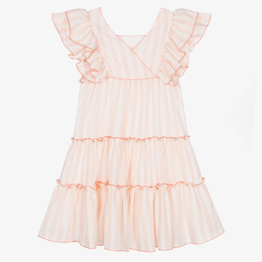 Tartine et Chocolat-Girls Pink & White Stripe Ruffle Dress | Childrensalon Outlet
