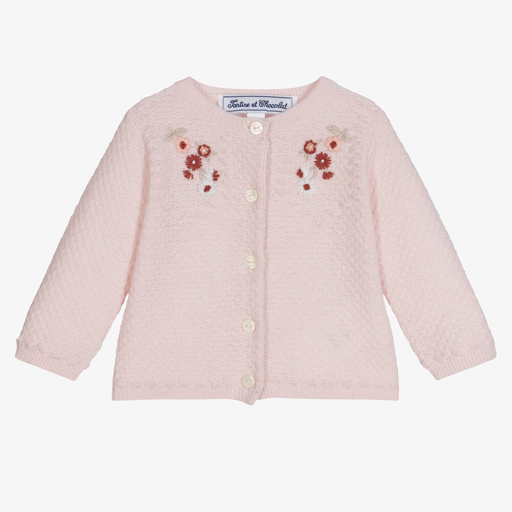 Tartine et Chocolat - Girls Pink Wool Knit Cardigan | Childrensalon