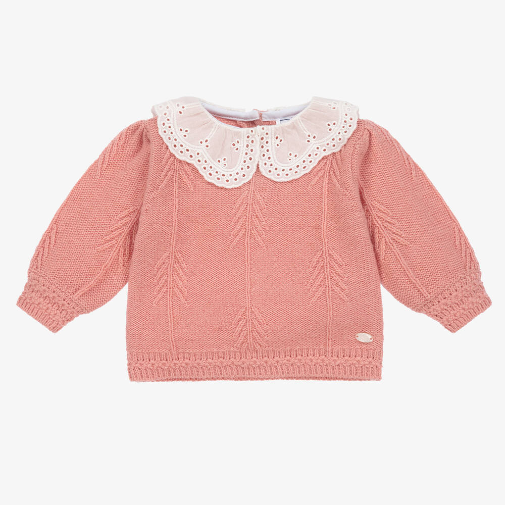 Tartine et Chocolat - Girls Pink Wool Knitted Sweater | Childrensalon