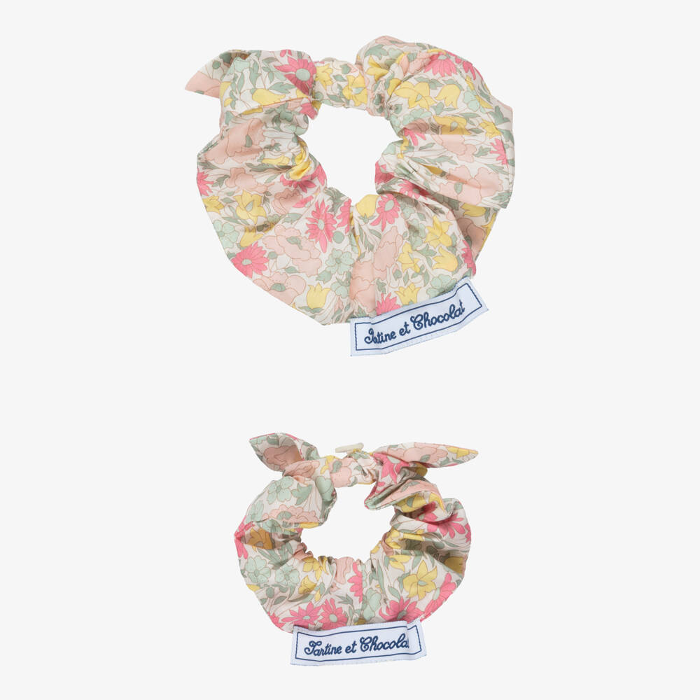 Tartine et Chocolat-Girls Pink & Yellow Hair Scrunchies with Liberty Print (2 Pack) | Childrensalon Outlet