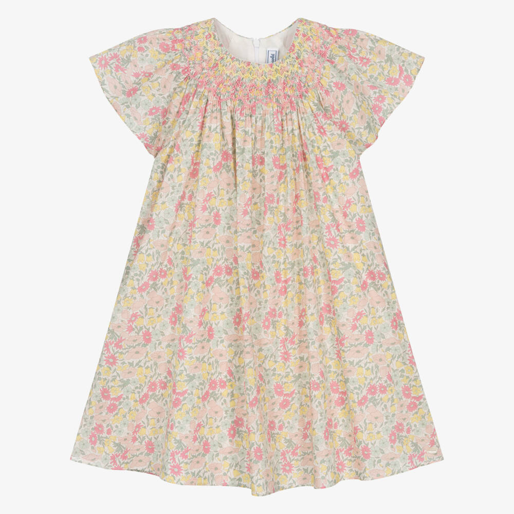 Tartine et Chocolat-Girls Pink & Yellow Hand-Smocked Dress with Liberty Print | Childrensalon Outlet