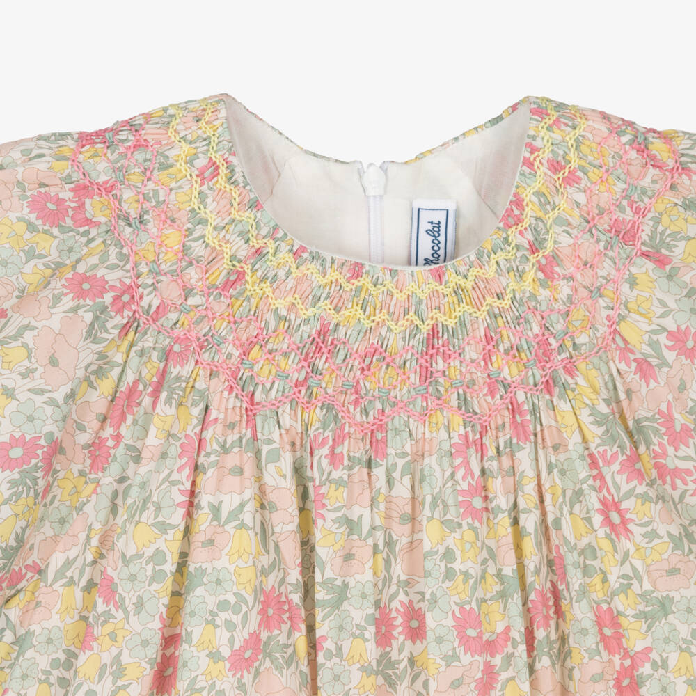 Tartine et Chocolat-Girls Pink & Yellow Hand-Smocked Dress with Liberty Print | Childrensalon Outlet