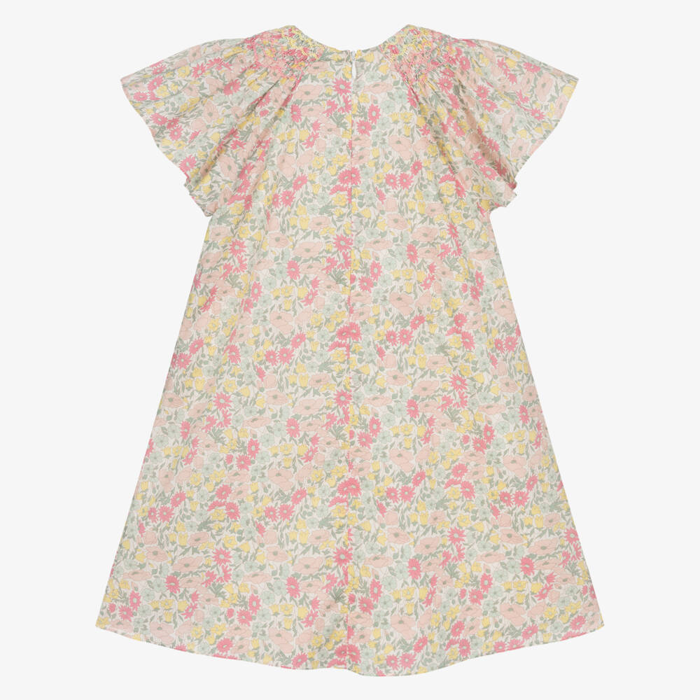 Tartine et Chocolat-Girls Pink & Yellow Hand-Smocked Dress with Liberty Print | Childrensalon Outlet