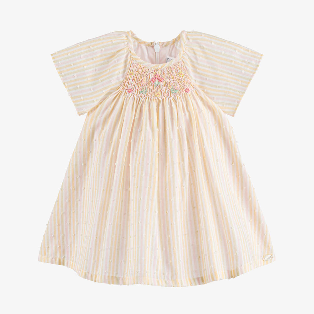 Tartine et Chocolat-Girls Pink & Yellow Striped Plumeti Cotton Dress | Childrensalon Outlet