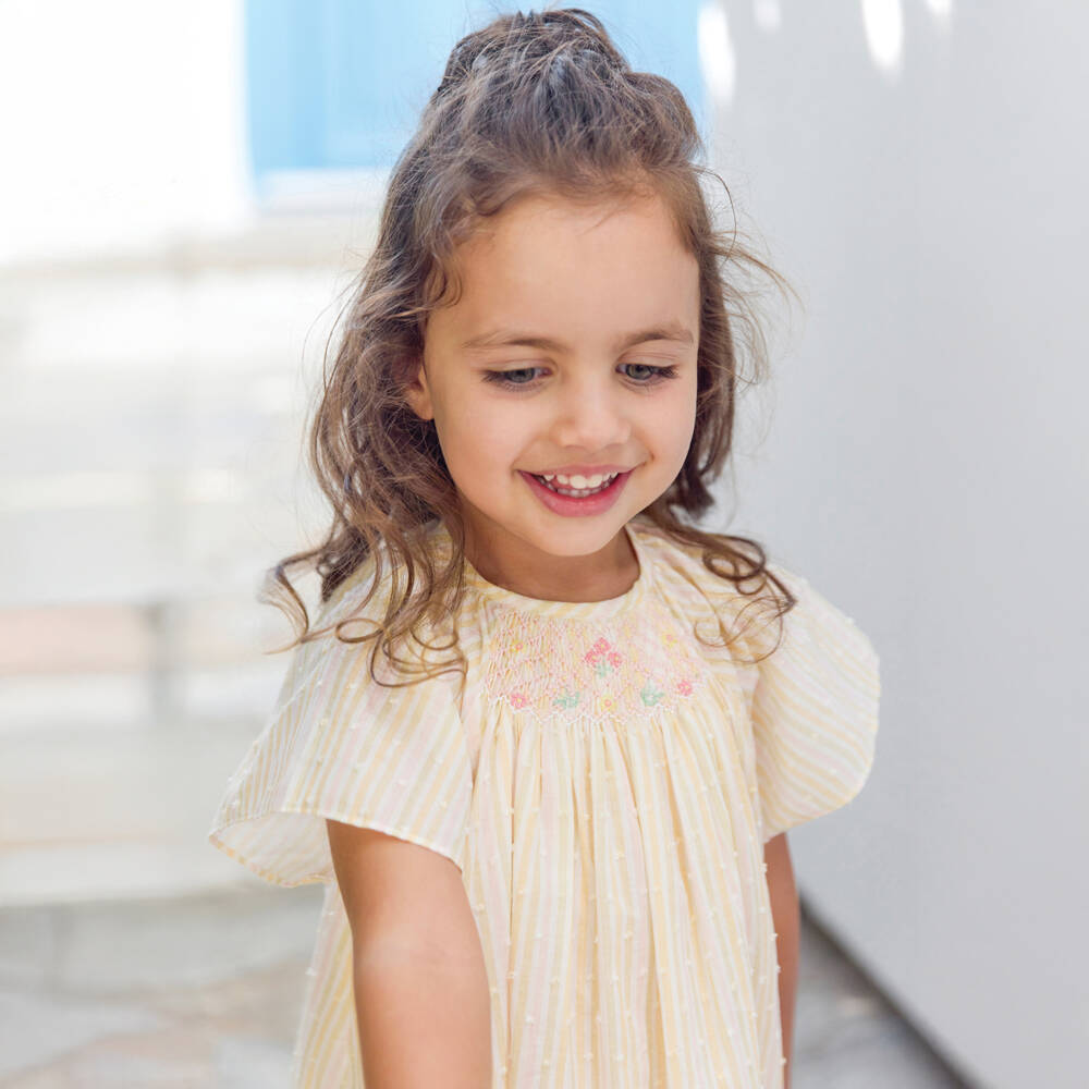 Tartine et Chocolat-Girls Pink & Yellow Striped Plumeti Cotton Dress | Childrensalon Outlet