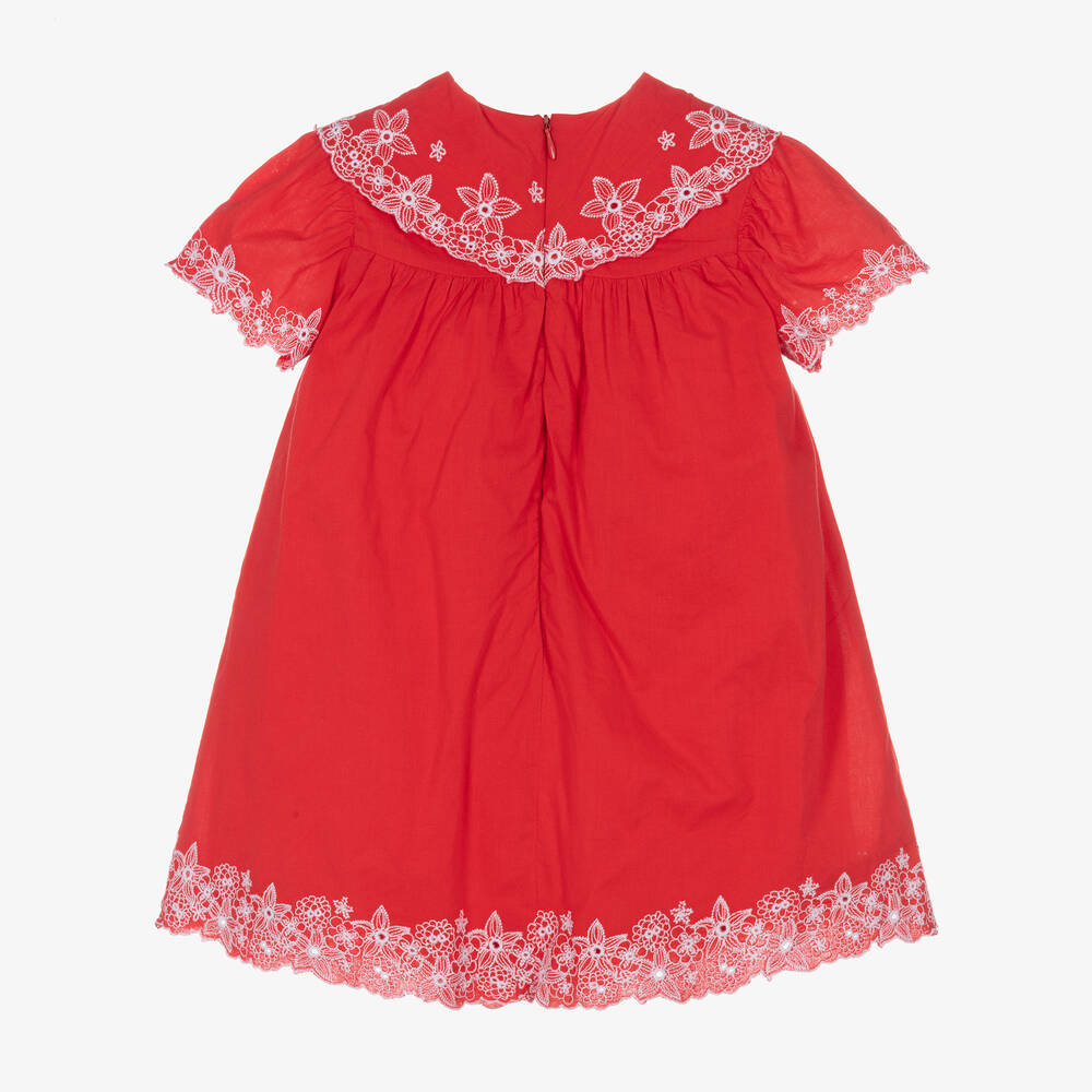 Tartine et Chocolat-Girls Red Cotton Embroidered Dress | Childrensalon Outlet
