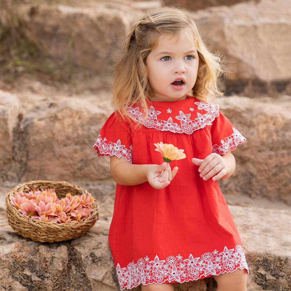 Tartine et Chocolat-Girls Red Cotton Embroidered Dress | Childrensalon Outlet