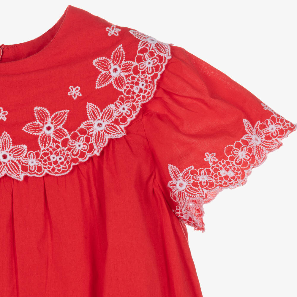 Tartine et Chocolat-Girls Red Cotton Embroidered Dress | Childrensalon Outlet