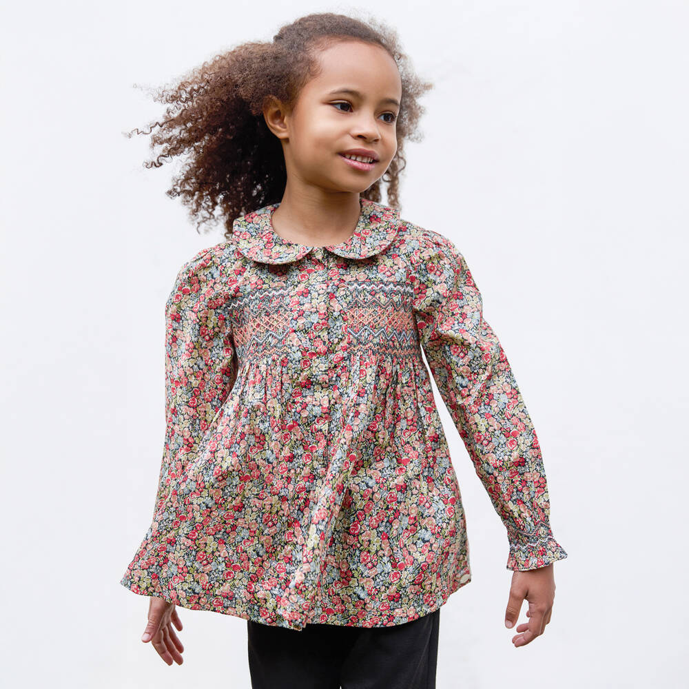 Tartine et Chocolat-Girls Red Floral Liberty Fabric Smocked Cotton Blouse | Childrensalon Outlet