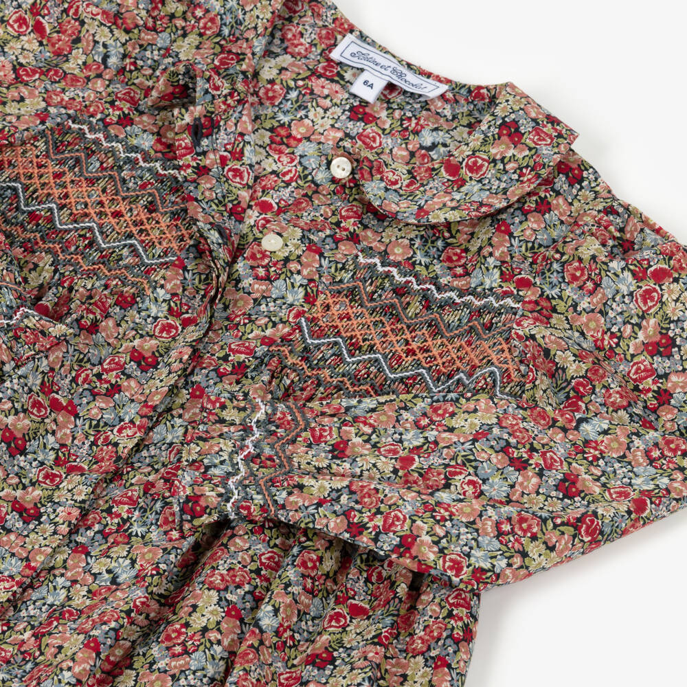 Tartine et Chocolat-Girls Red Floral Liberty Fabric Smocked Cotton Blouse | Childrensalon Outlet