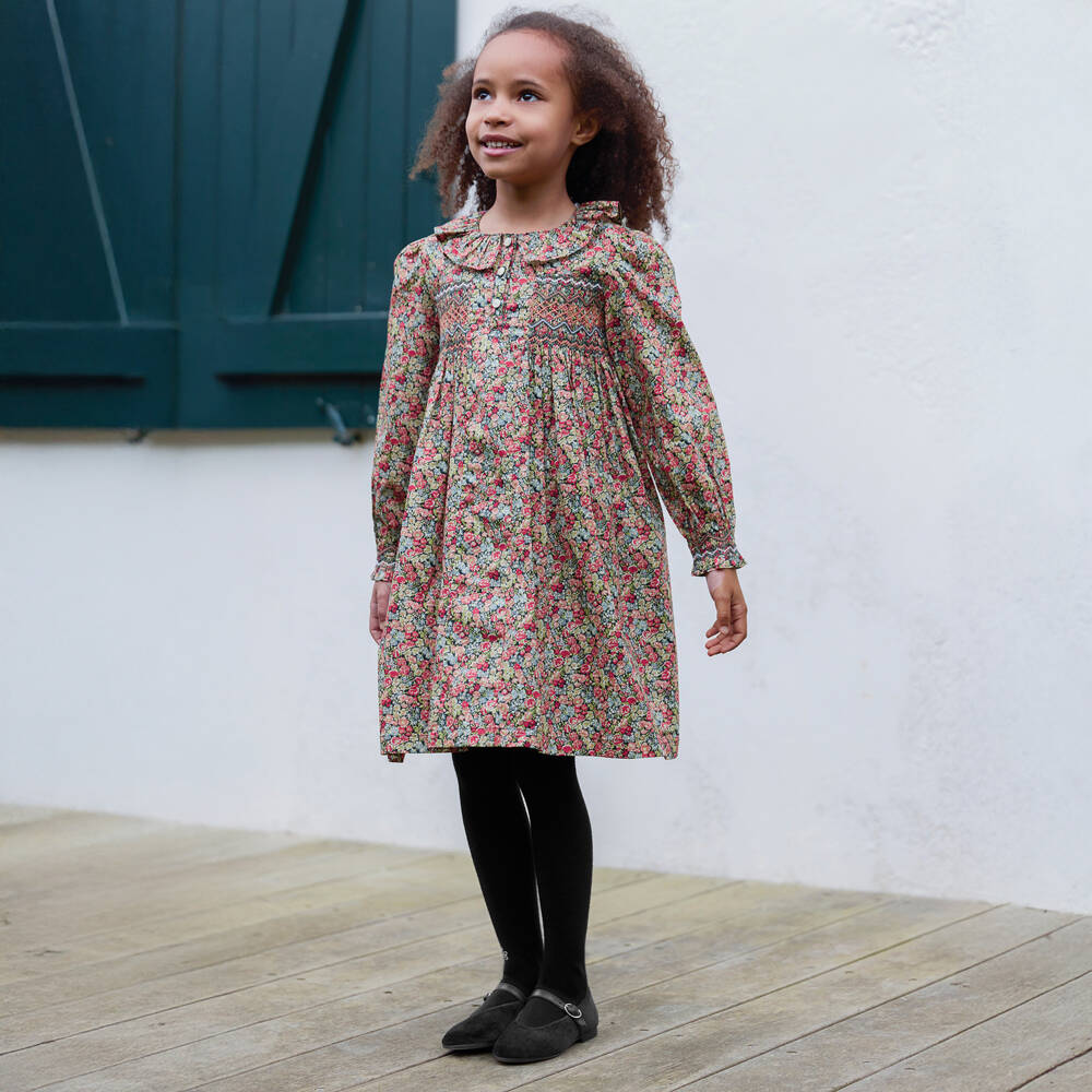 Tartine et Chocolat-Girls Red Floral Liberty Fabric Smocked Cotton Dress | Childrensalon Outlet