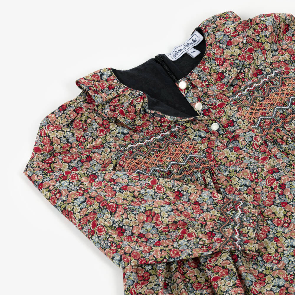 Tartine et Chocolat-Girls Red Floral Liberty Fabric Smocked Cotton Dress | Childrensalon Outlet