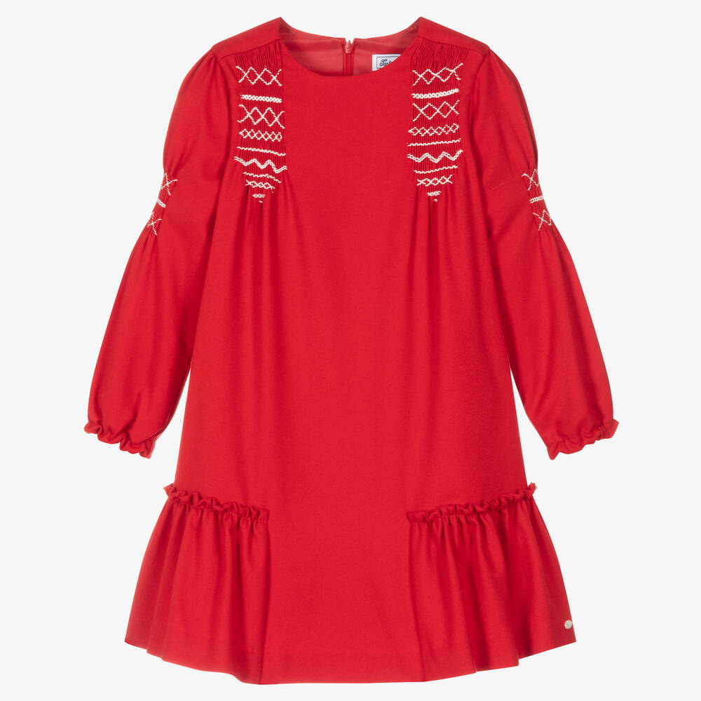 Tartine et Chocolat - Girls Red Smocked Twill Dress | Childrensalon