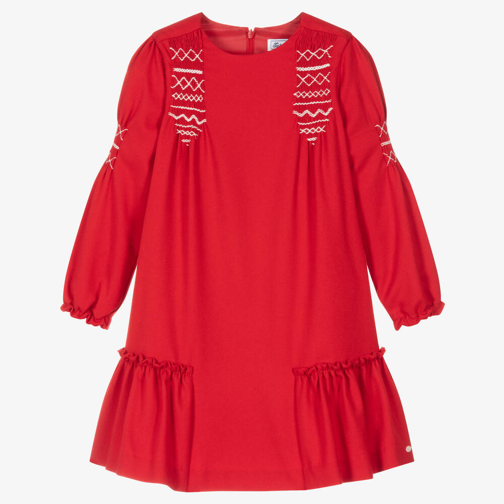 Tartine et Chocolat - Robe rouge smockée en sergé fille | Childrensalon