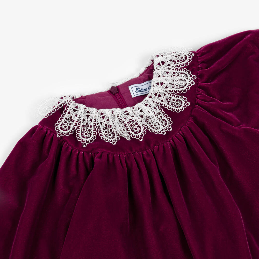 Tartine et Chocolat-Girls Red Velvet Dress with Lace Collar | Childrensalon Outlet