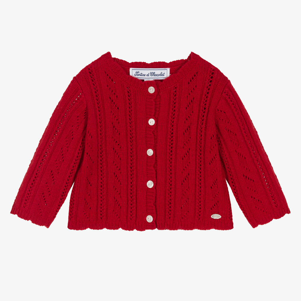 Tartine et Chocolat - Girls Red Wool Knit Cardigan | Childrensalon