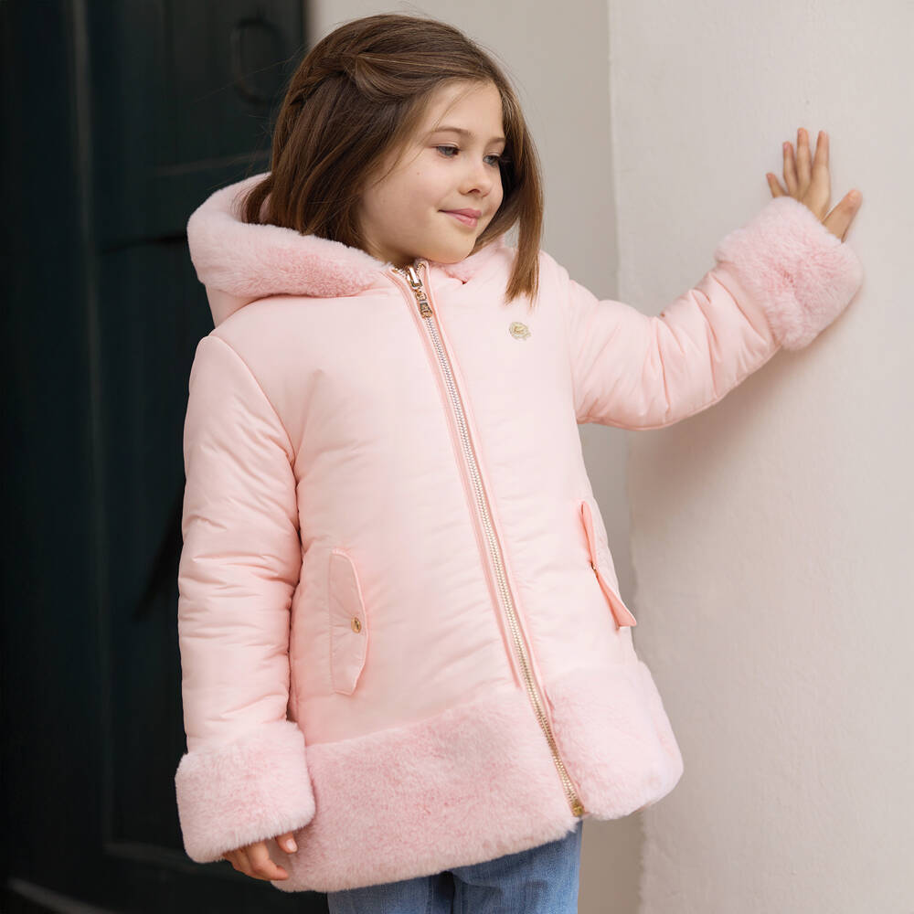 Tartine et Chocolat-Girls Reversible Pink Faux Fur Puffer Coat | Childrensalon Outlet