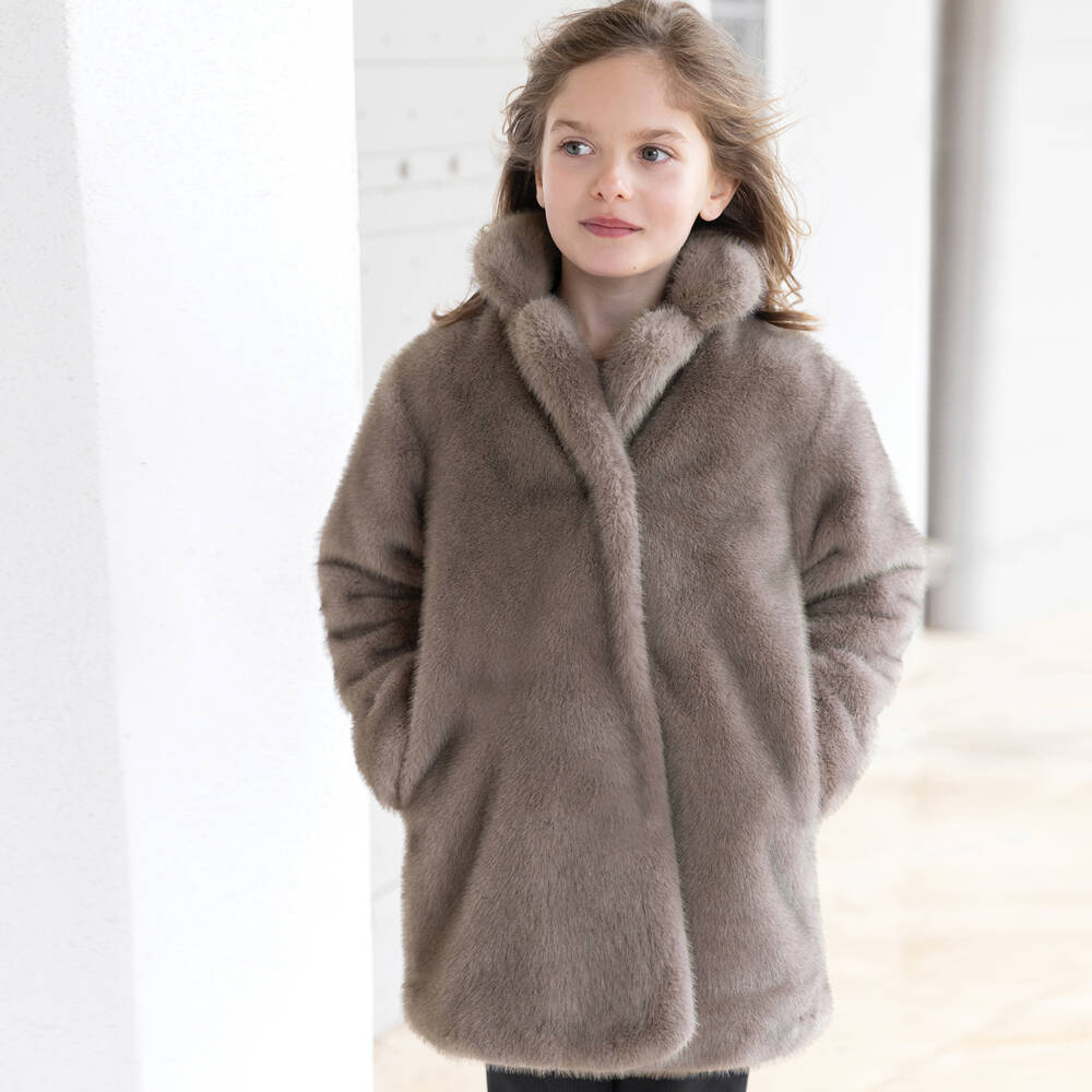 Tartine et Chocolat-Girls Soft Grey Fur Coat | Childrensalon Outlet