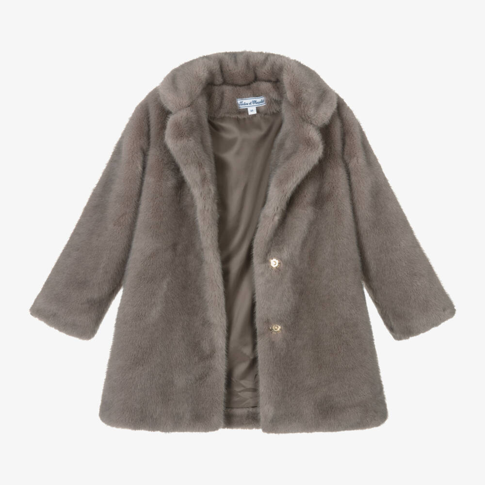 Tartine et Chocolat-Girls Soft Grey Fur Coat | Childrensalon Outlet