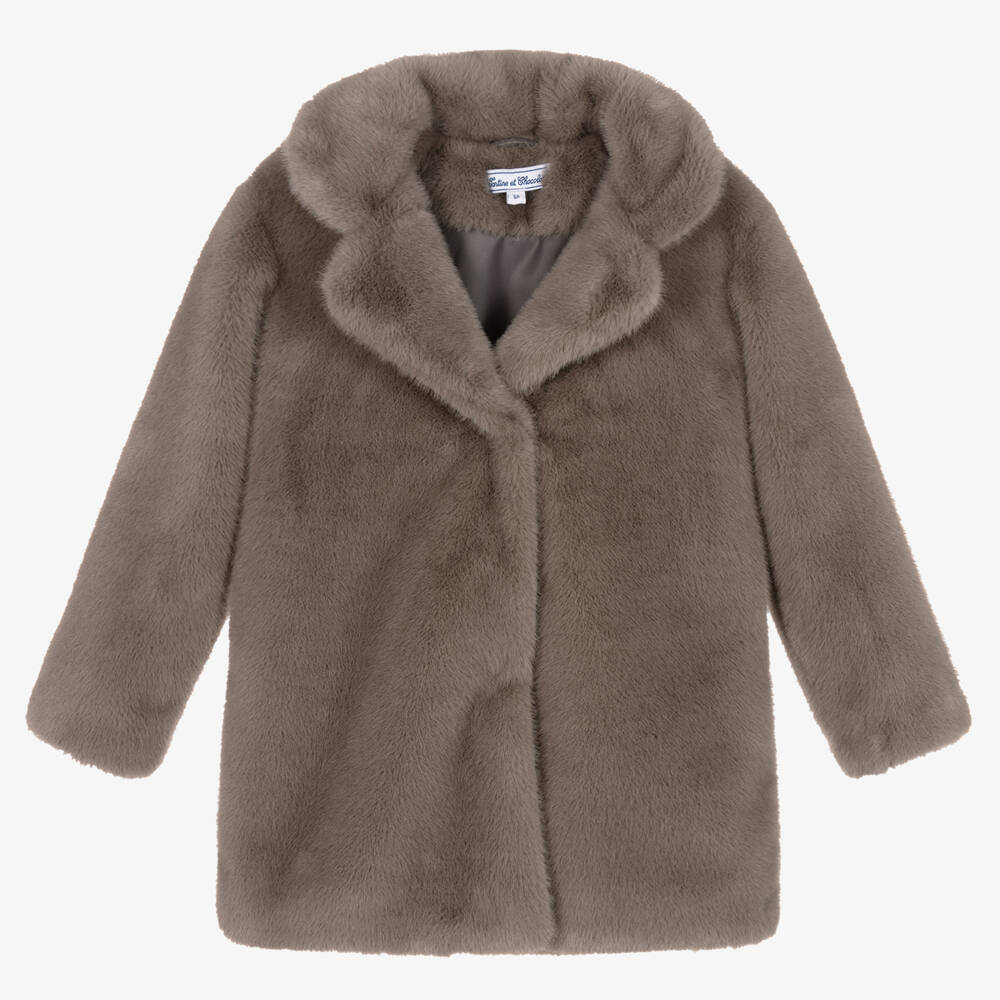 Tartine et Chocolat - Girls Taupe Brown Faux Fur Coat | Childrensalon