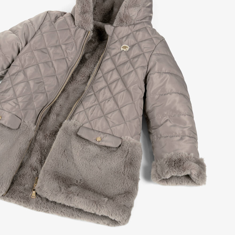 Tartine et Chocolat-Girls Taupe Quilted Fur Coat | Childrensalon Outlet