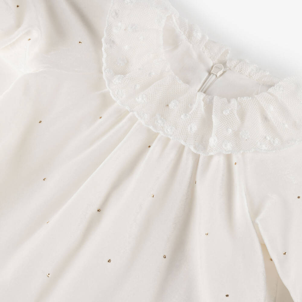 Tartine et Chocolat-Кремовое бархатное платье с кружевом для девочек | Childrensalon Outlet