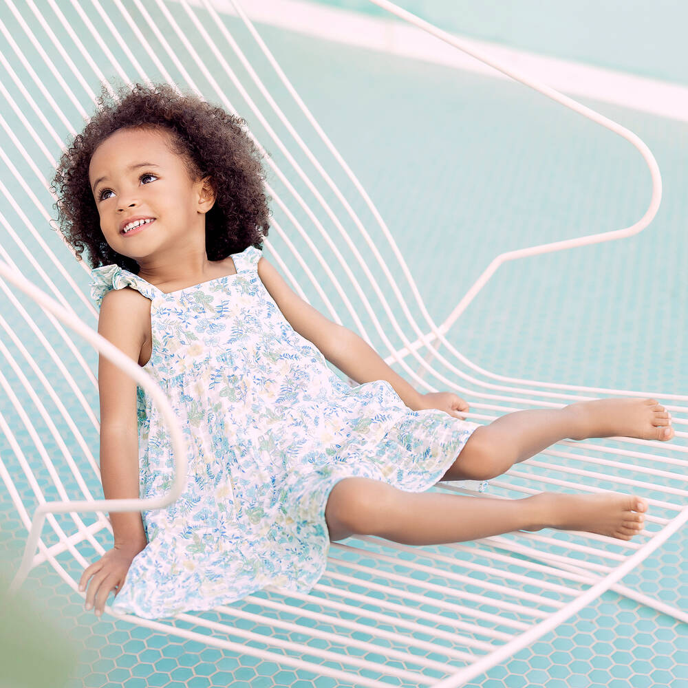 Tartine et Chocolat-Girls White & Blue Floral Cotton Dress | Childrensalon Outlet