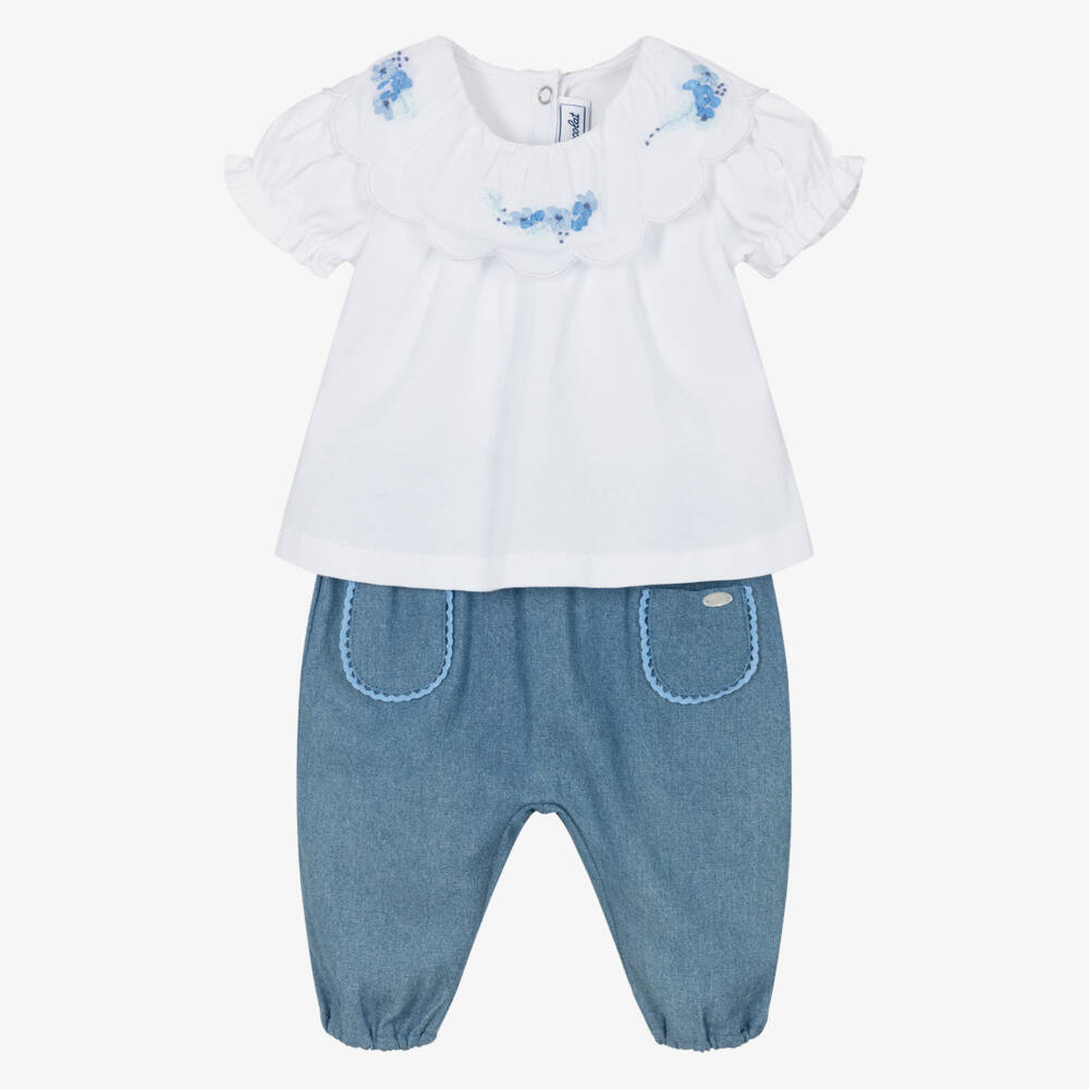 Tartine et Chocolat-Girls White & Blue Trouser Set with Embroidered Flowers | Childrensalon Outlet