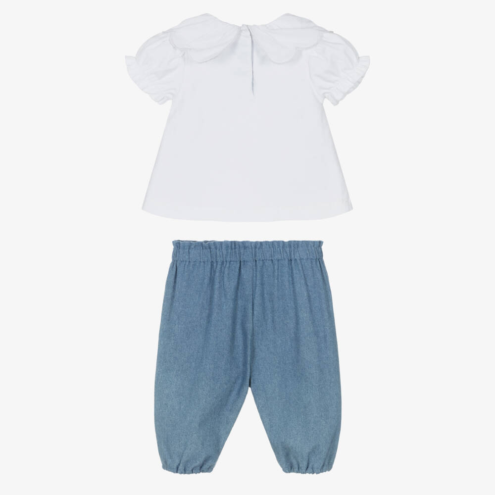Tartine et Chocolat-Girls White & Blue Trouser Set with Embroidered Flowers | Childrensalon Outlet