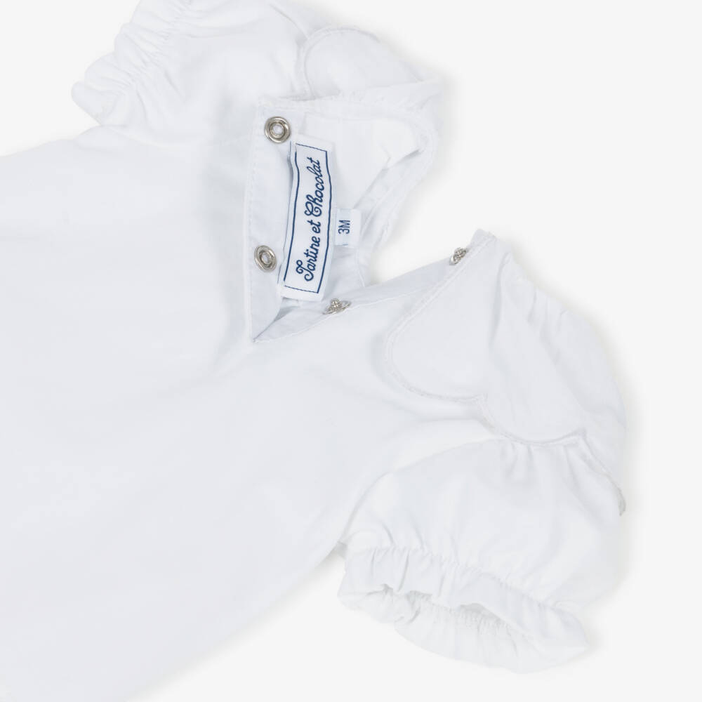 Tartine et Chocolat-Girls White & Blue Trouser Set with Embroidered Flowers | Childrensalon Outlet