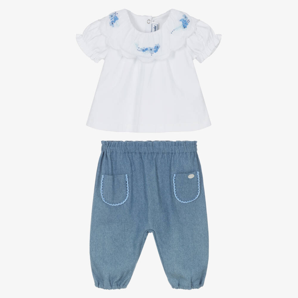 Tartine et Chocolat-Girls White & Blue Trouser Set with Embroidered Flowers | Childrensalon Outlet