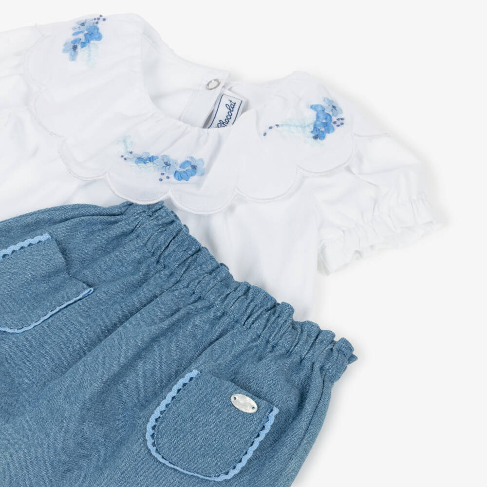 Tartine et Chocolat-Girls White & Blue Trouser Set with Embroidered Flowers | Childrensalon Outlet